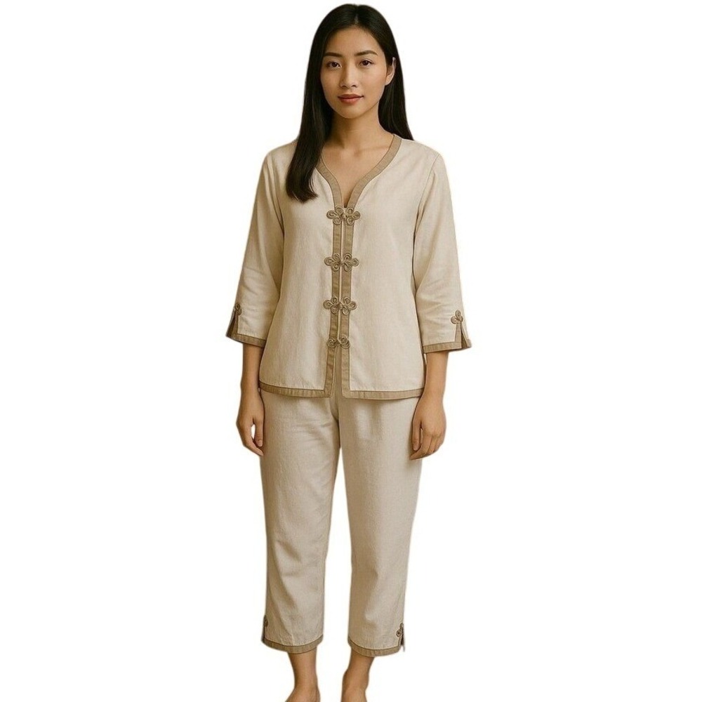 Vintage 90s Cocoon by Randi Kristensen Pure Silk Pajama Set Beige Frog Closure L